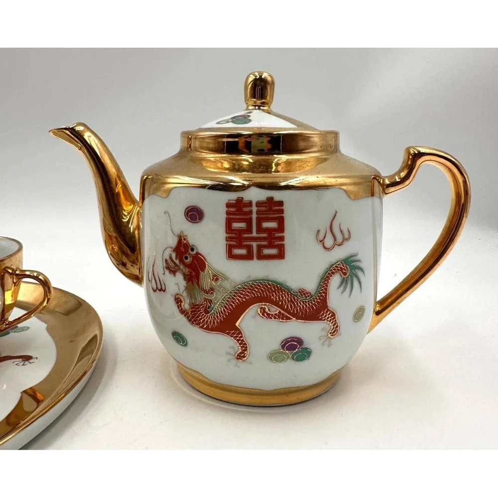 NOS Vintage Chinese Wedding Tea Set Dragon Phoenix Gold Original Box 10 Pc